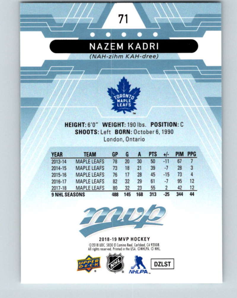 2018-19 Upper Deck MVP #71 Nazem Kadri Mint Toronto Maple Leafs Image 2