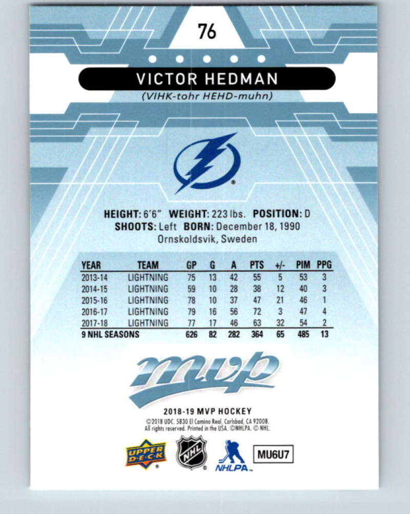2018-19 Upper Deck MVP #76 Victor Hedman Mint Tampa Bay Lightning Image 2