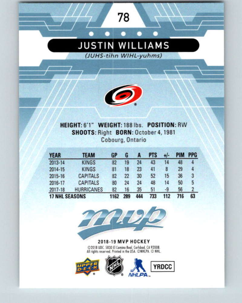 2018-19 Upper Deck MVP #78 Justin Williams Mint Carolina Hurricanes Image 2