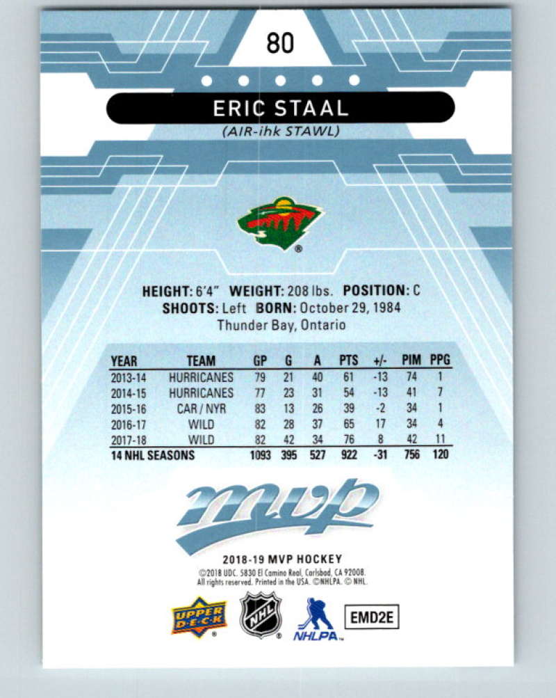 2018-19 Upper Deck MVP #80 Eric Staal Mint Minnesota Wild Image 2
