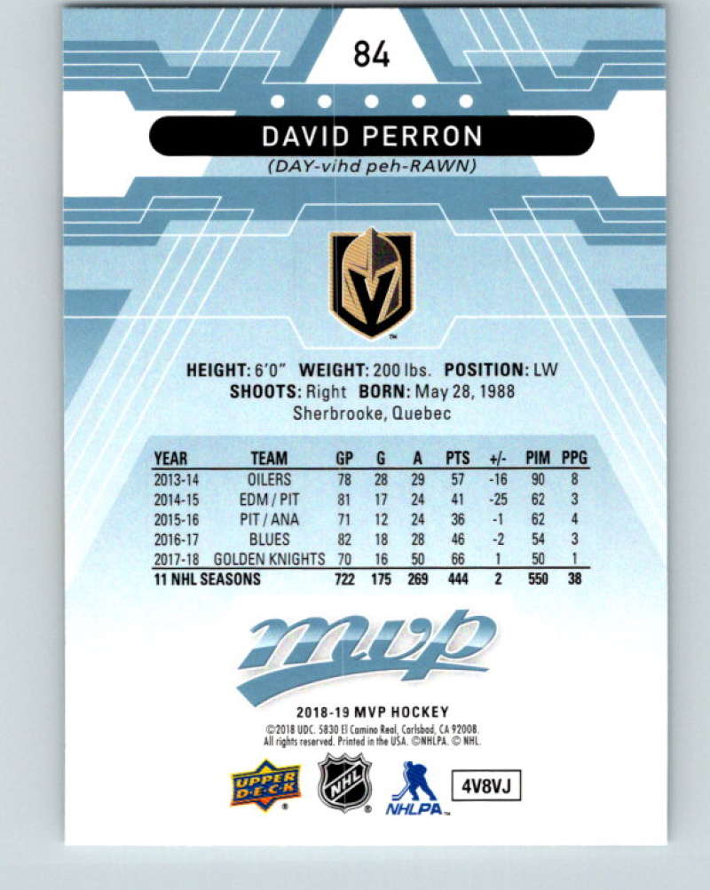 2018-19 Upper Deck MVP #84 David Perron Mint Vegas Golden Knights Image 2