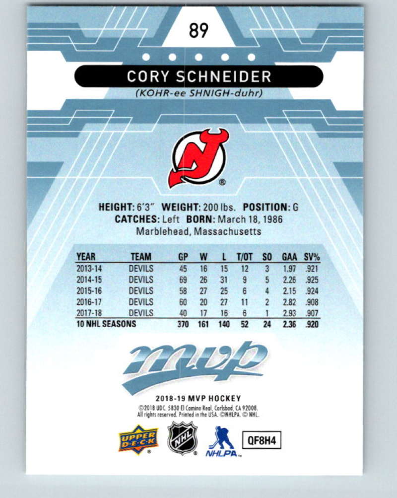 2018-19 Upper Deck MVP #89 Cory Schneider Mint New Jersey Devils  Image 2