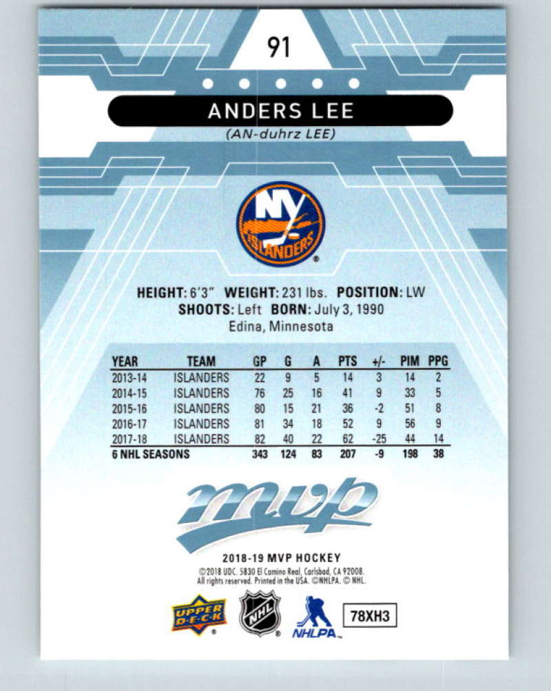 2018-19 Upper Deck MVP #91 Anders Lee Mint New York Islanders Image 2
