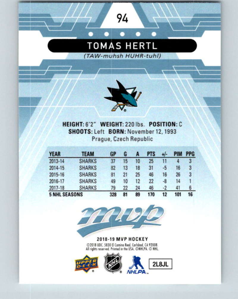 2018-19 Upper Deck MVP #94 Tomas Hertl Mint San Jose Sharks Image 2