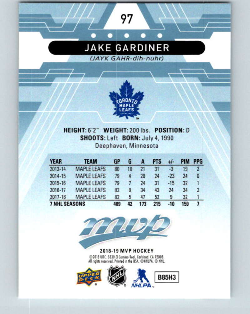 2018-19 Upper Deck MVP #97 Jake Gardiner Mint Toronto Maple Leafs Image 2
