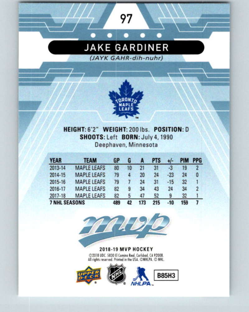 2018-19 Upper Deck MVP #97 Jake Gardiner Mint Toronto Maple Leafs  Image 2