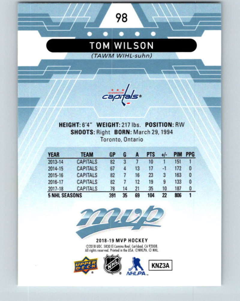 2018-19 Upper Deck MVP #98 Tom Wilson Mint Washington Capitals Image 2