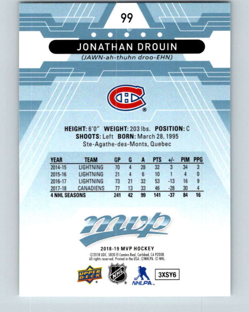 2018-19 Upper Deck MVP #99 Jonathan Drouin Mint Montreal Canadiens Image 2