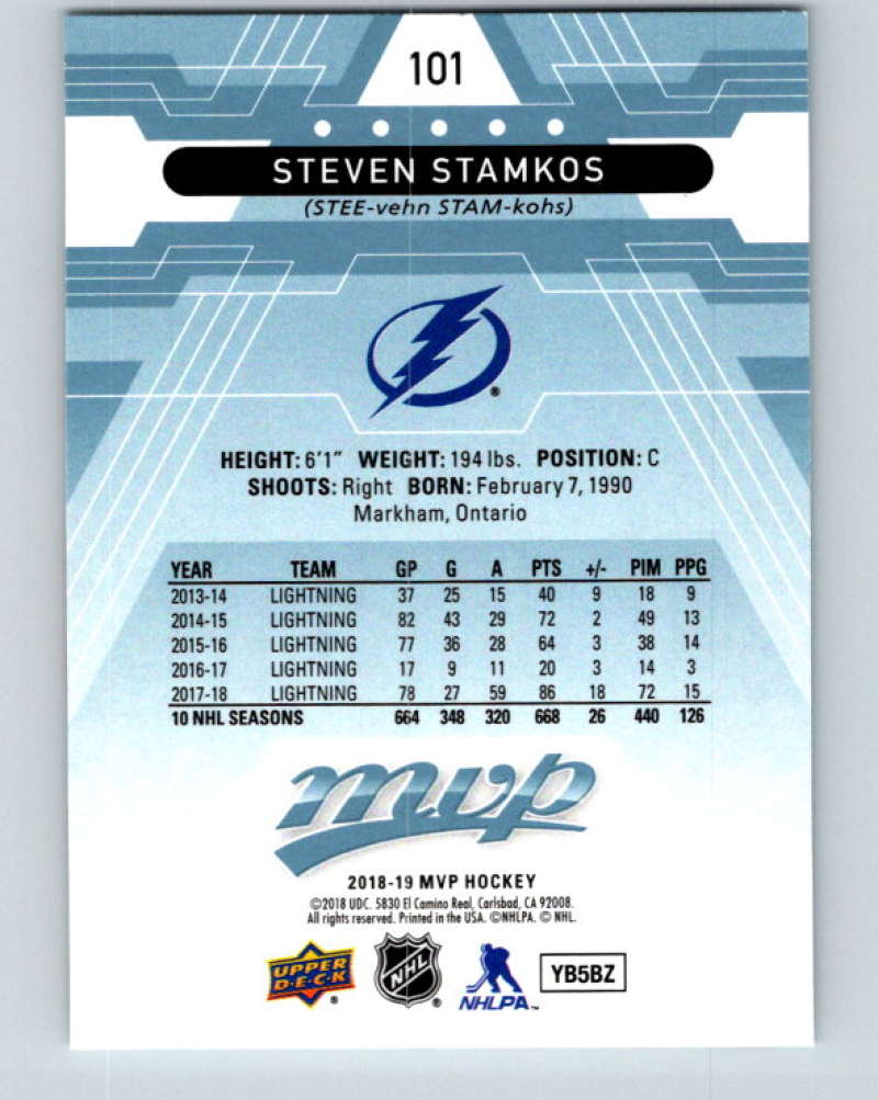 2018-19 Upper Deck MVP #101 Steven Stamkos Mint Tampa Bay Lightning Image 2
