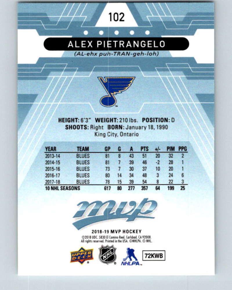 2018-19 Upper Deck MVP #102 Alex Pietrangelo Mint St. Louis Blues Image 2