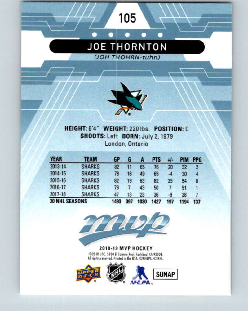 2018-19 Upper Deck MVP #105 Joe Thornton Mint San Jose Sharks Image 2