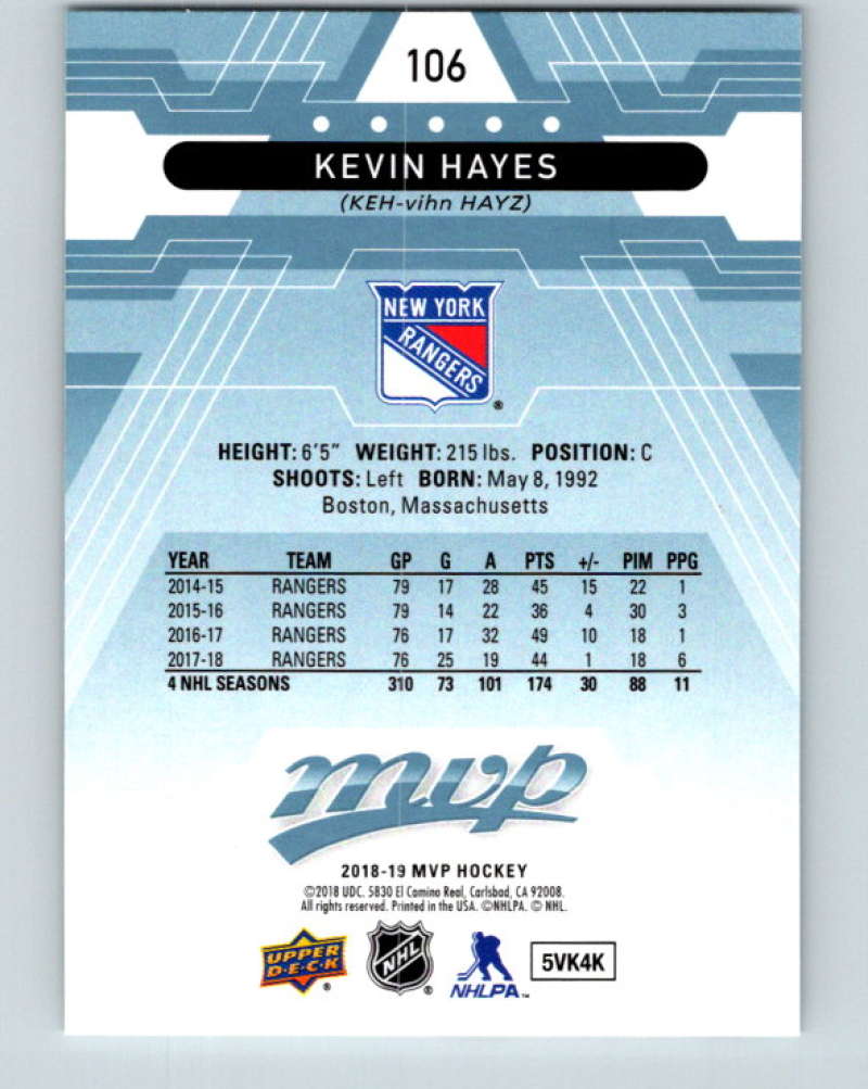 2018-19 Upper Deck MVP #106 Kevin Hayes Mint New York Rangers Image 2