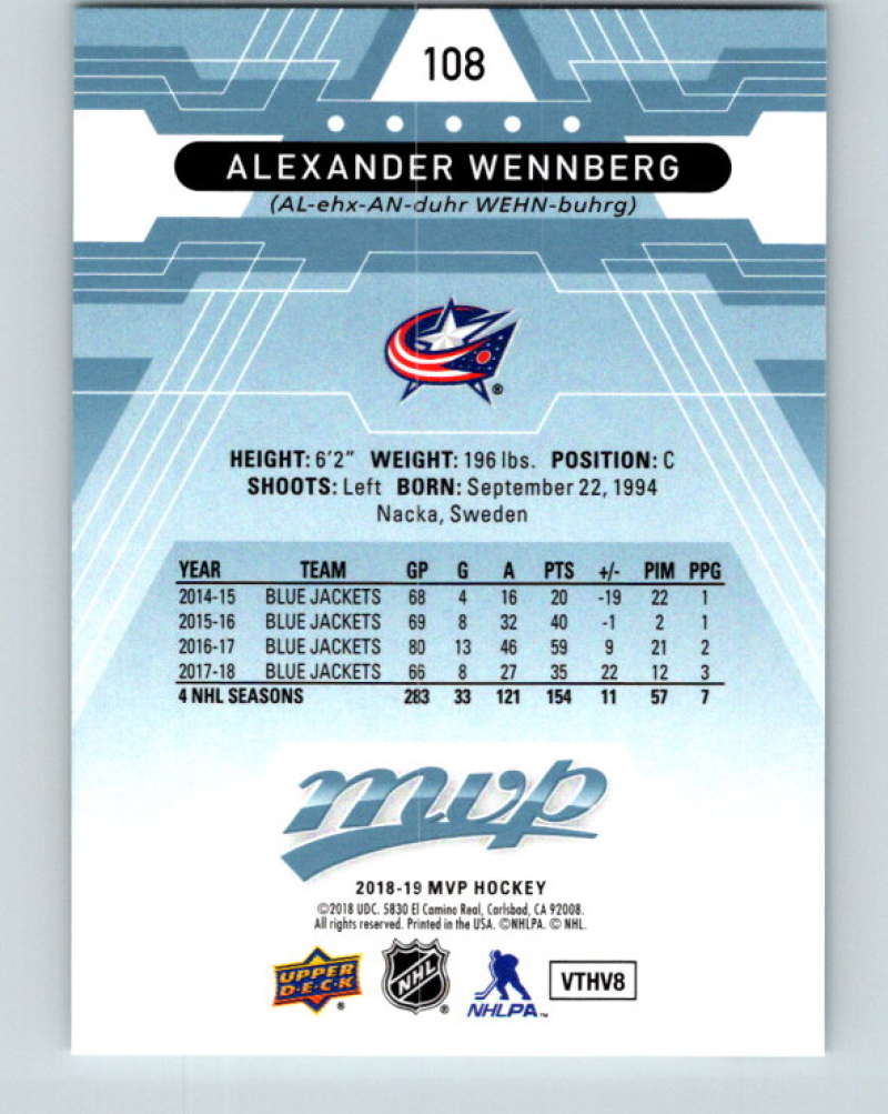 2018-19 Upper Deck MVP #108 Alexander Wennberg Mint Columbus Blue Jackets Image 2