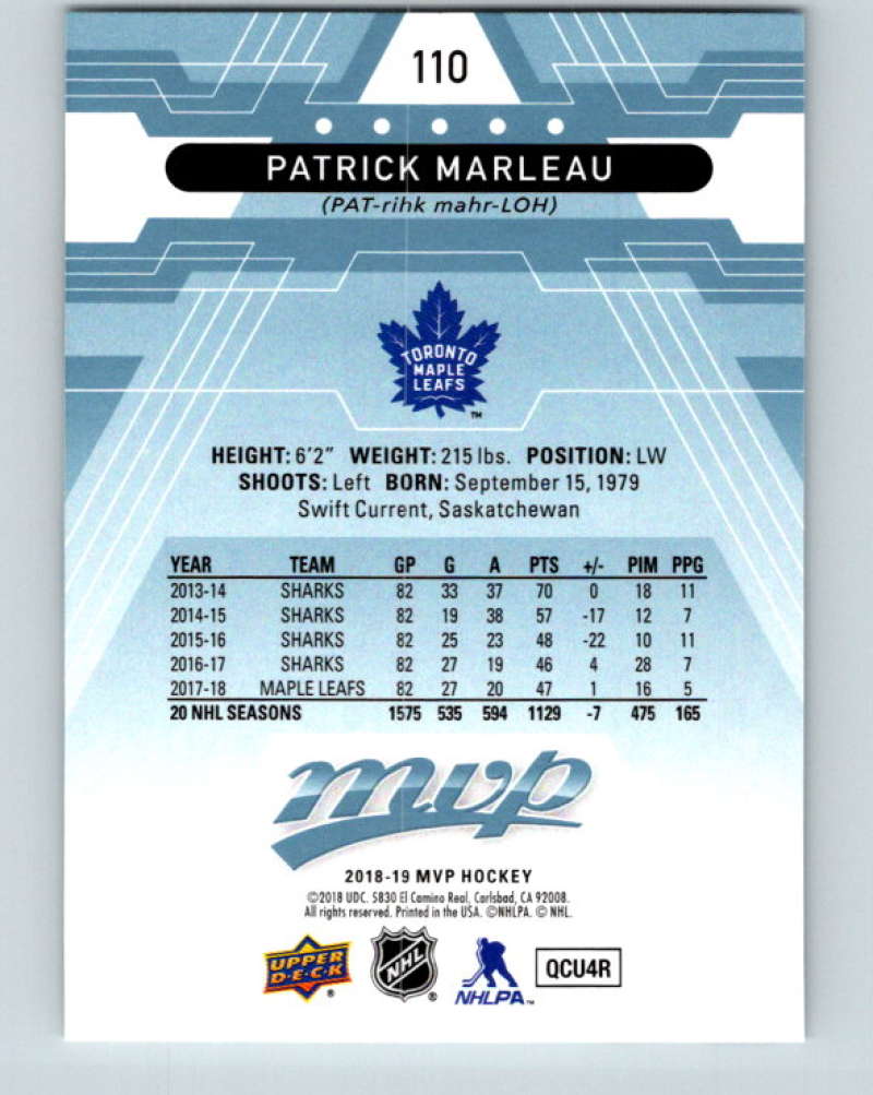 2018-19 Upper Deck MVP #110 Patrick Marleau Mint Toronto Maple Leafs Image 2
