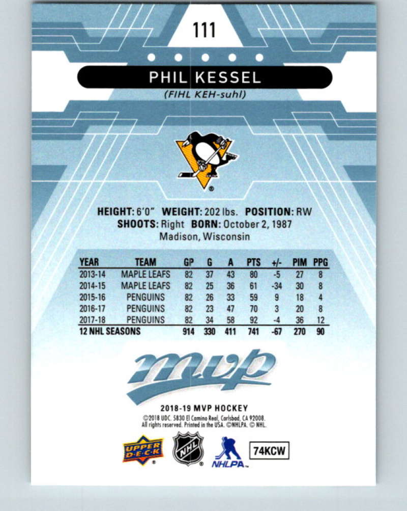 2018-19 Upper Deck MVP #111 Phil Kessel Mint Pittsburgh Penguins Image 2