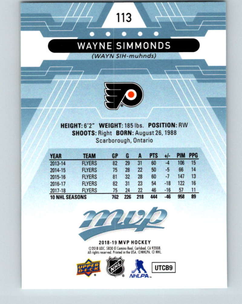 2018-19 Upper Deck MVP #113 Wayne Simmonds Mint Philadelphia Flyers Image 2