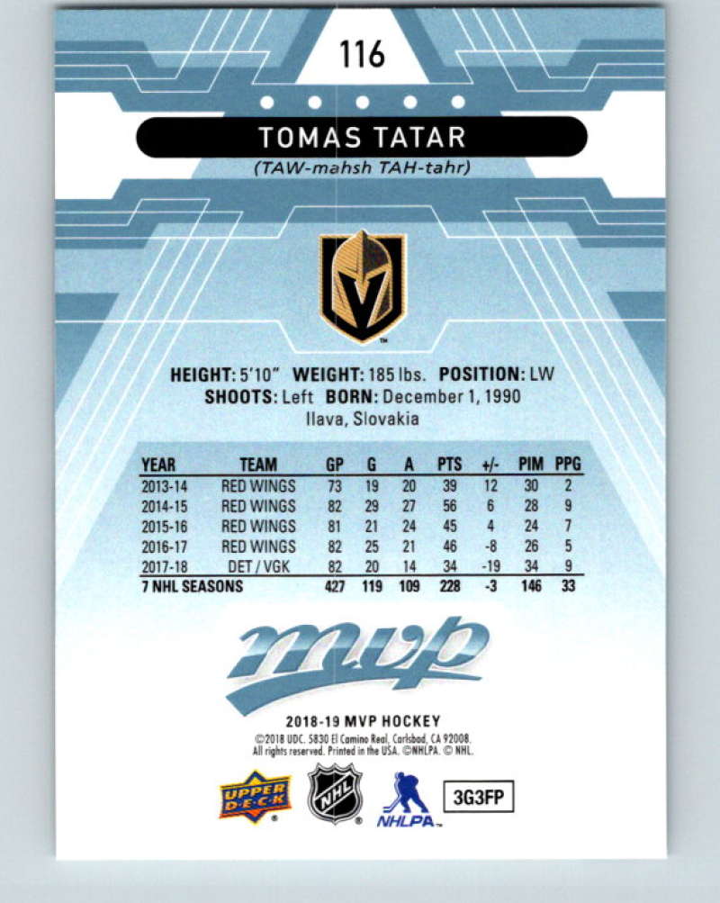 2018-19 Upper Deck MVP #116 Tomas Tatar Mint Las Vegas Golden Knights Image 2
