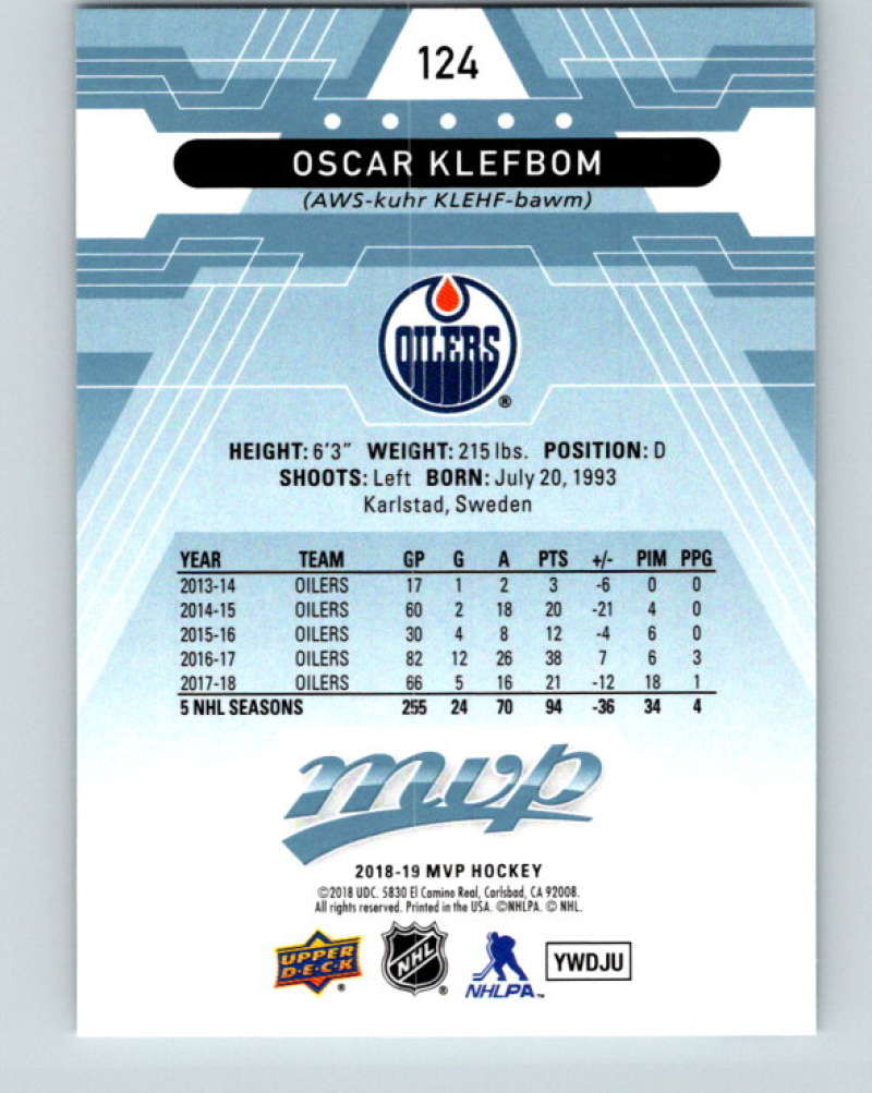 2018-19 Upper Deck MVP #124 Oscar Klefbom Mint Edmonton Oilers  Image 2