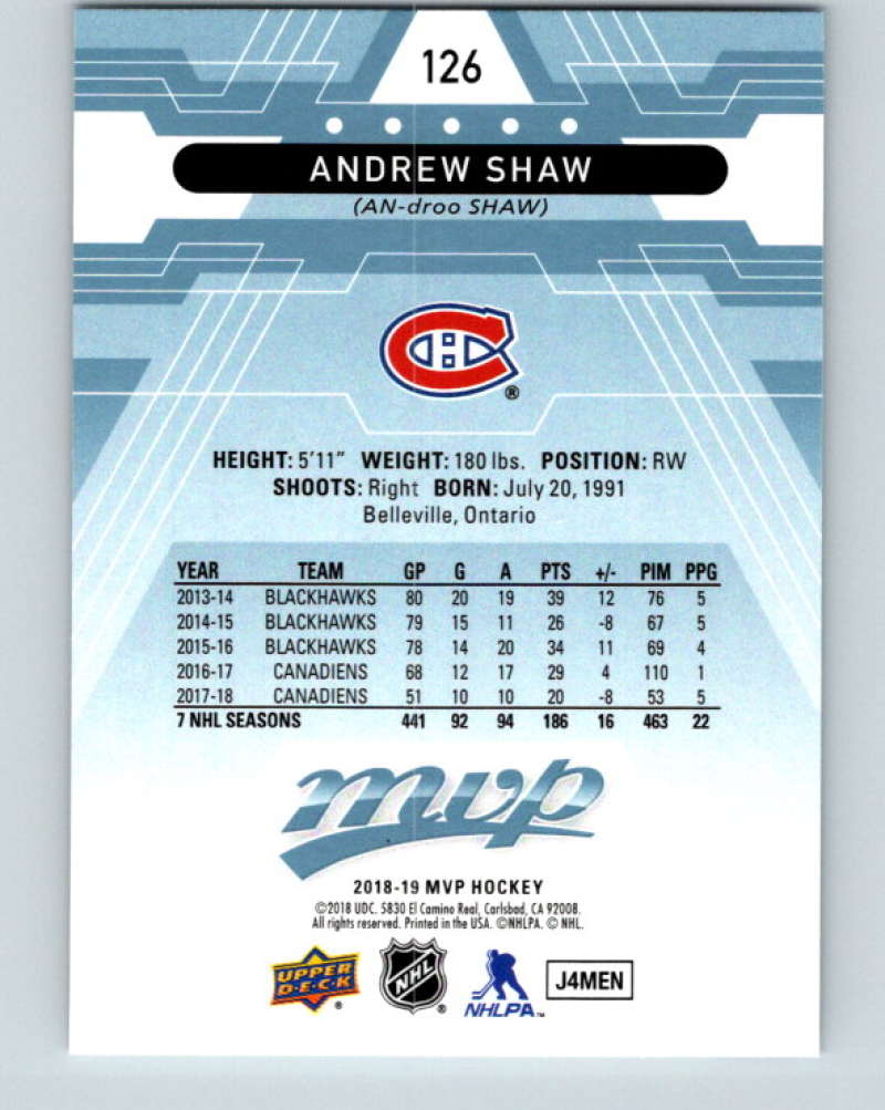 2018-19 Upper Deck MVP #126 Andrew Shaw Mint Montreal Canadiens Image 2
