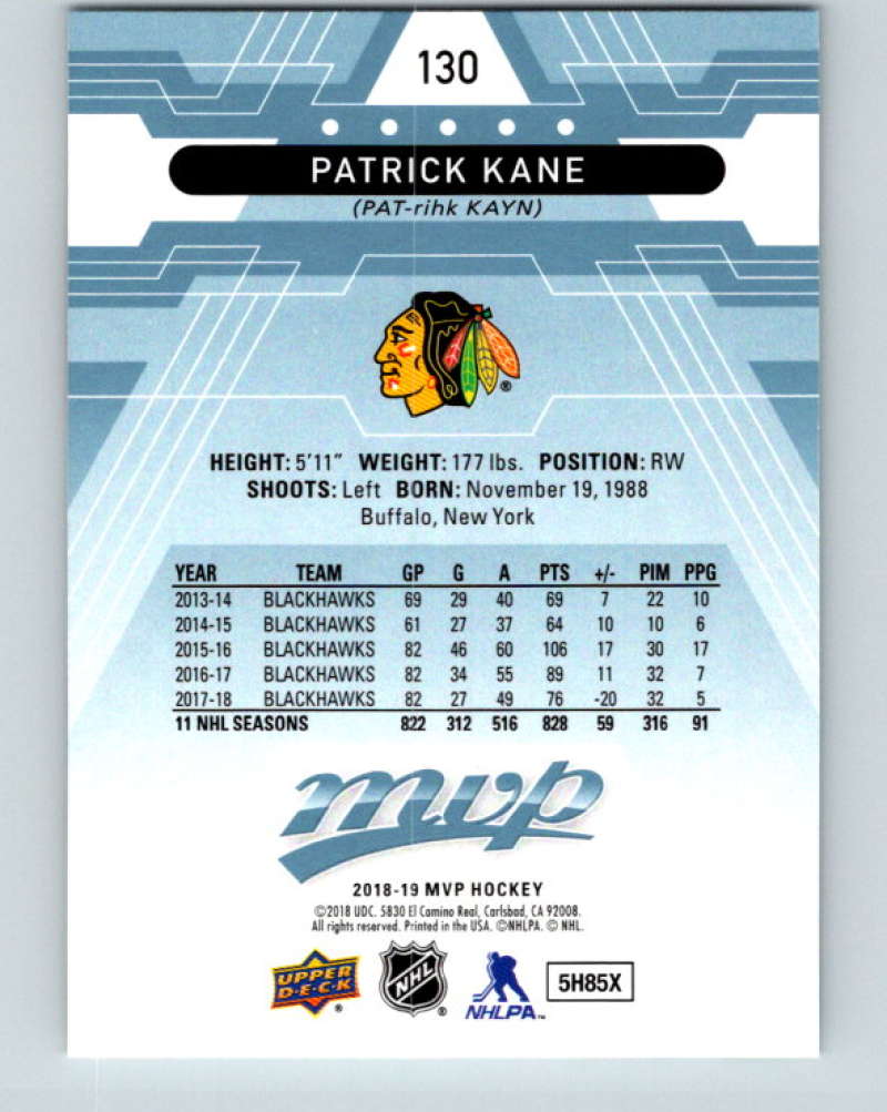 2018-19 Upper Deck MVP #130 Patrick Kane Mint Chicago Blackhawks Image 2