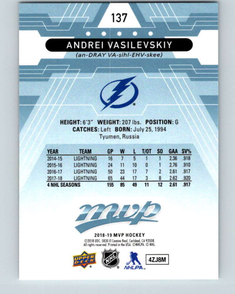 2018-19 Upper Deck MVP #137 Andrei Vasilevskiy Mint Tampa Bay Lightning Image 2
