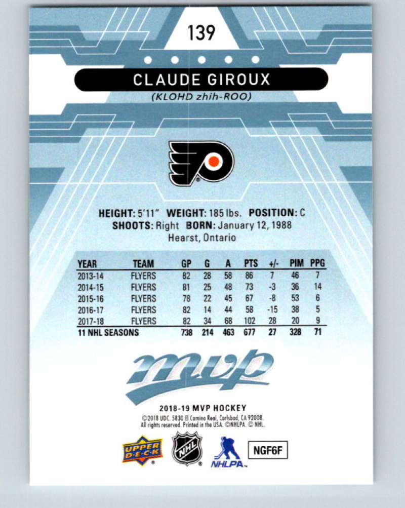 2018-19 Upper Deck MVP #139 Claude Giroux Mint Philadelphia Flyers Image 2