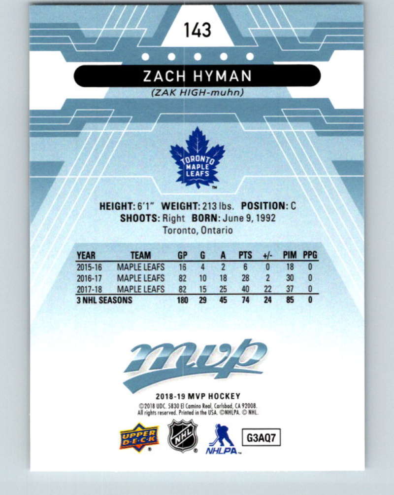 2018-19 Upper Deck MVP #143 Zach Hyman Mint Toronto Maple Leafs