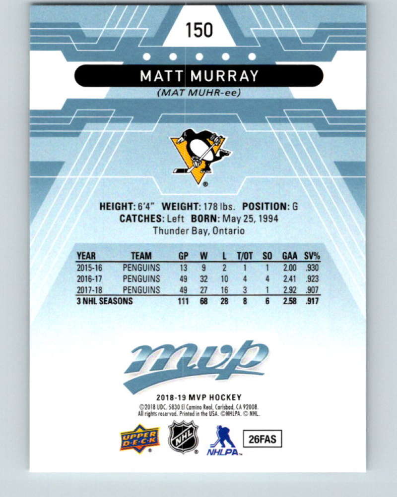 2018-19 Upper Deck MVP #150 Matt Murray Mint Pittsburgh Penguins Image 2