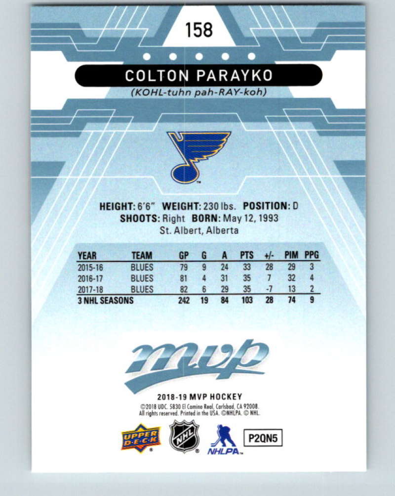 2018-19 Upper Deck MVP #158 Colton Parayko Mint St. Louis Blues Image 2