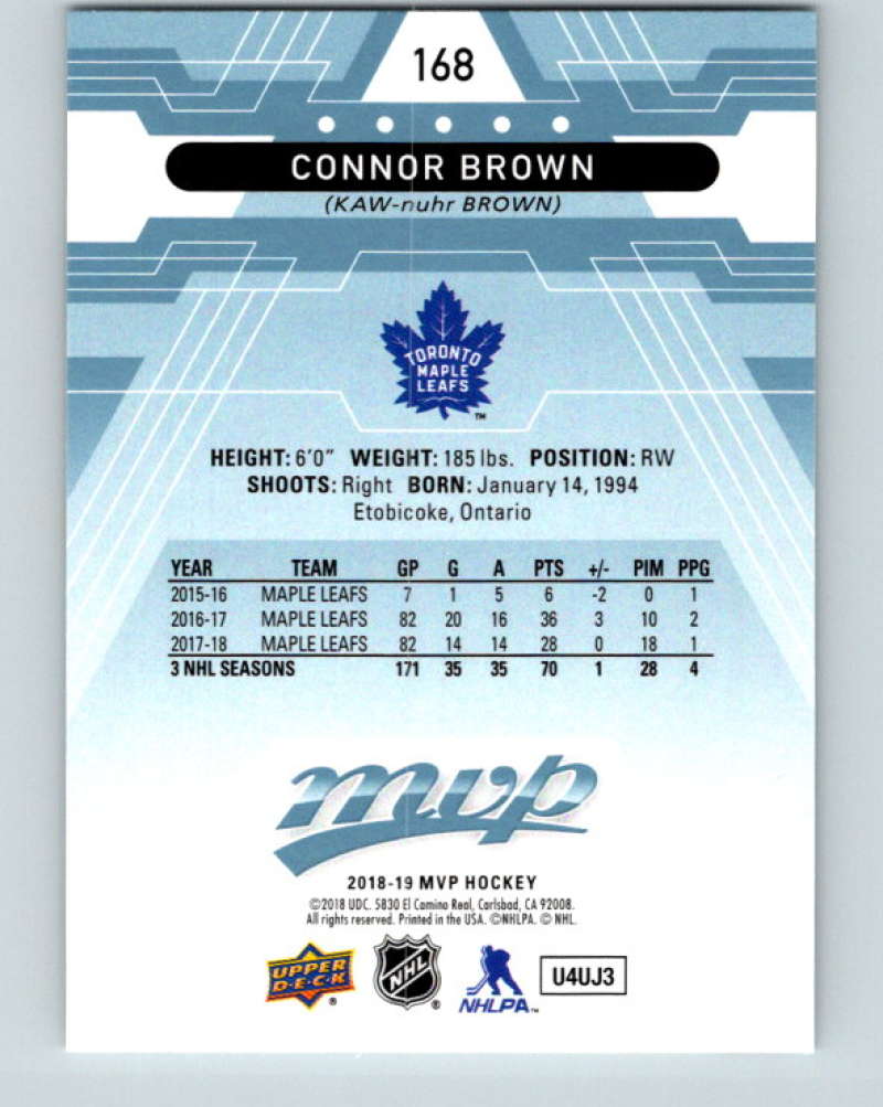 2018-19 Upper Deck MVP #168 Connor Brown Mint Toronto Maple Leafs Image 2