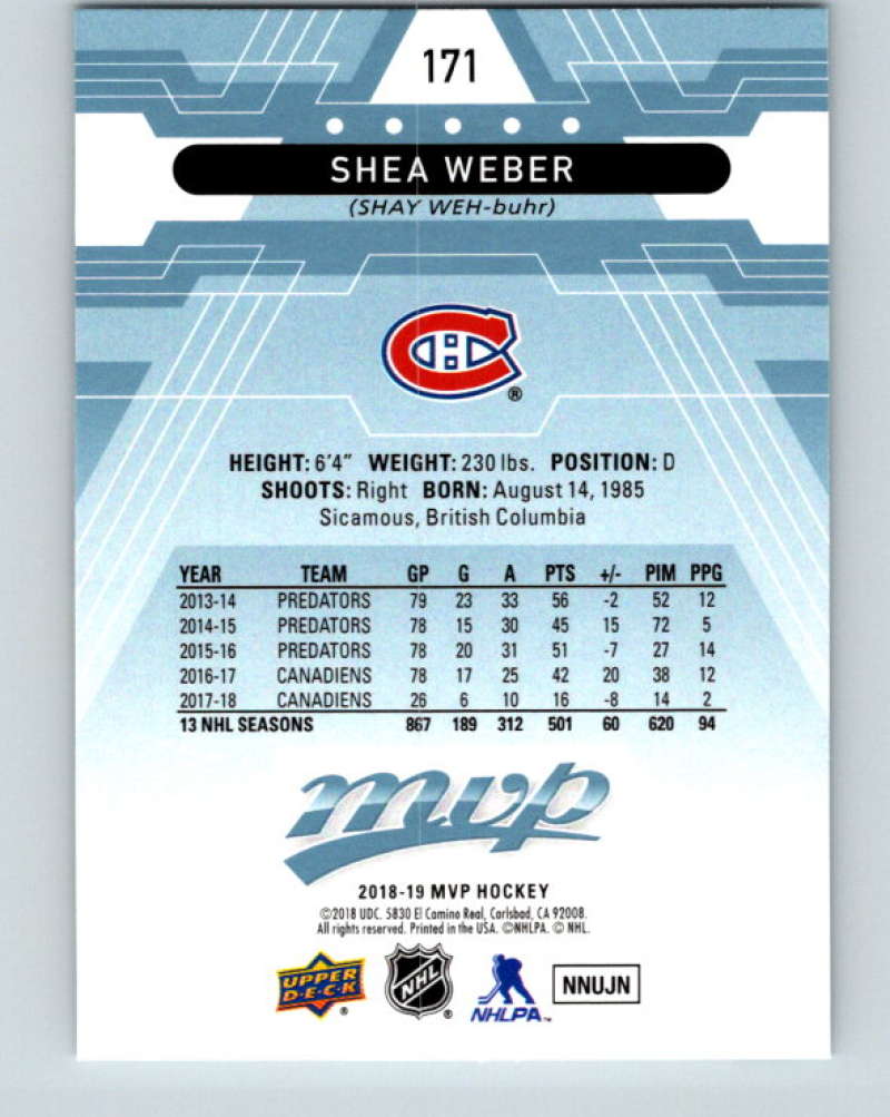 2018-19 Upper Deck MVP #171 Shea Weber Mint Montreal Canadiens Image 2
