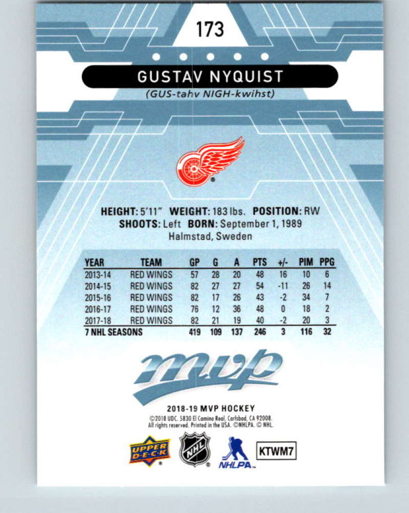 2018-19 Upper Deck MVP #173 Gustav Nyquist Mint Detroit Red Wings Image 2