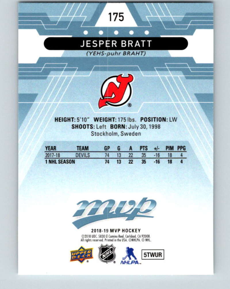 2018-19 Upper Deck MVP #175 Jesper Bratt Mint New Jersey Devils Image 2