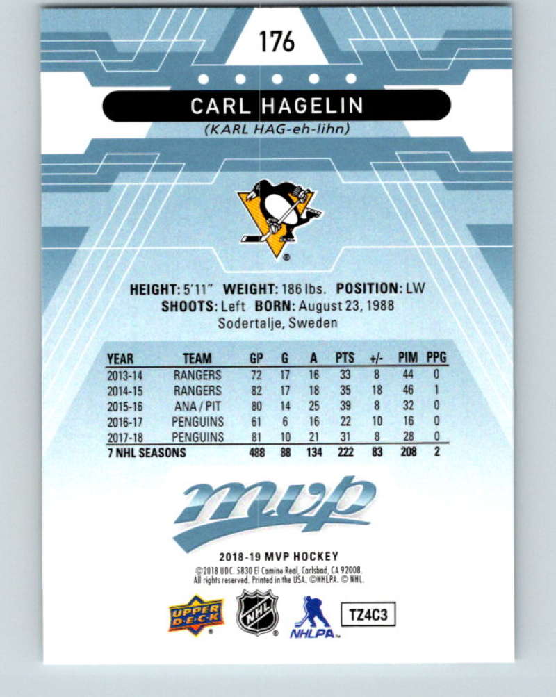 2018-19 Upper Deck MVP #176 Carl Hagelin Mint Pittsburgh Penguins Image 2