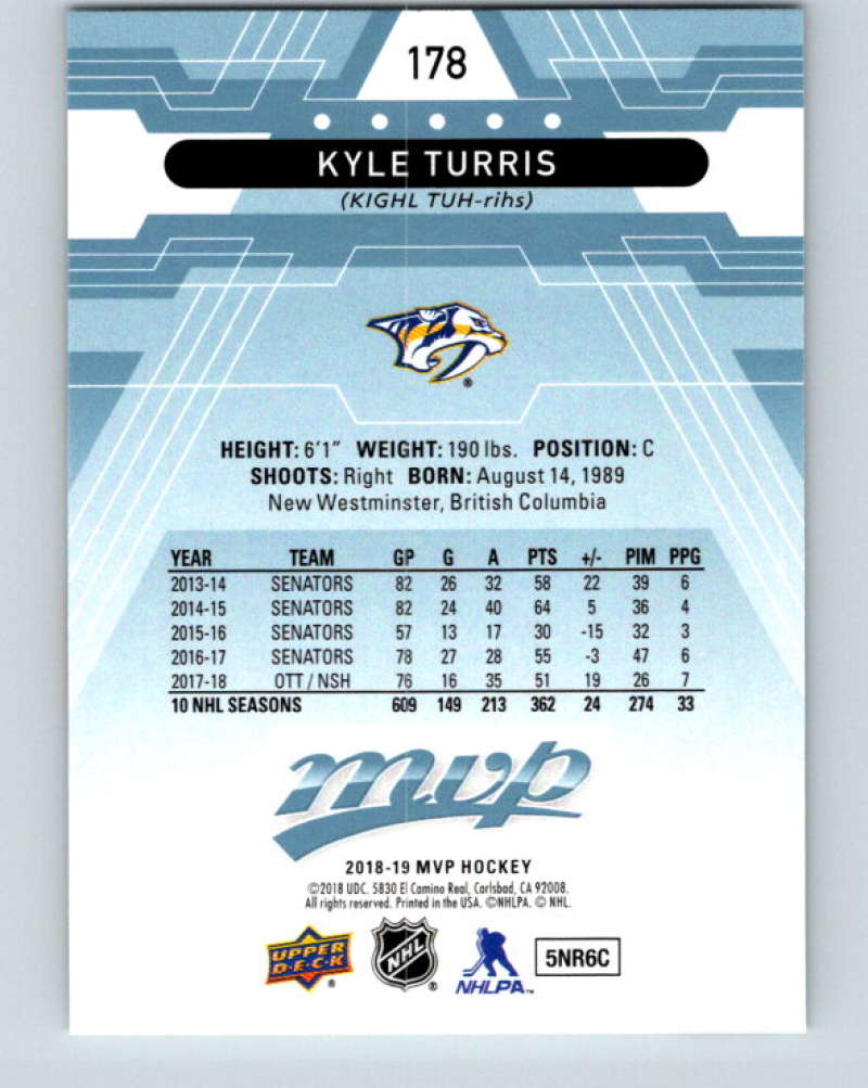 2018-19 Upper Deck MVP #178 Kyle Turris Mint Nashville Predators Image 2