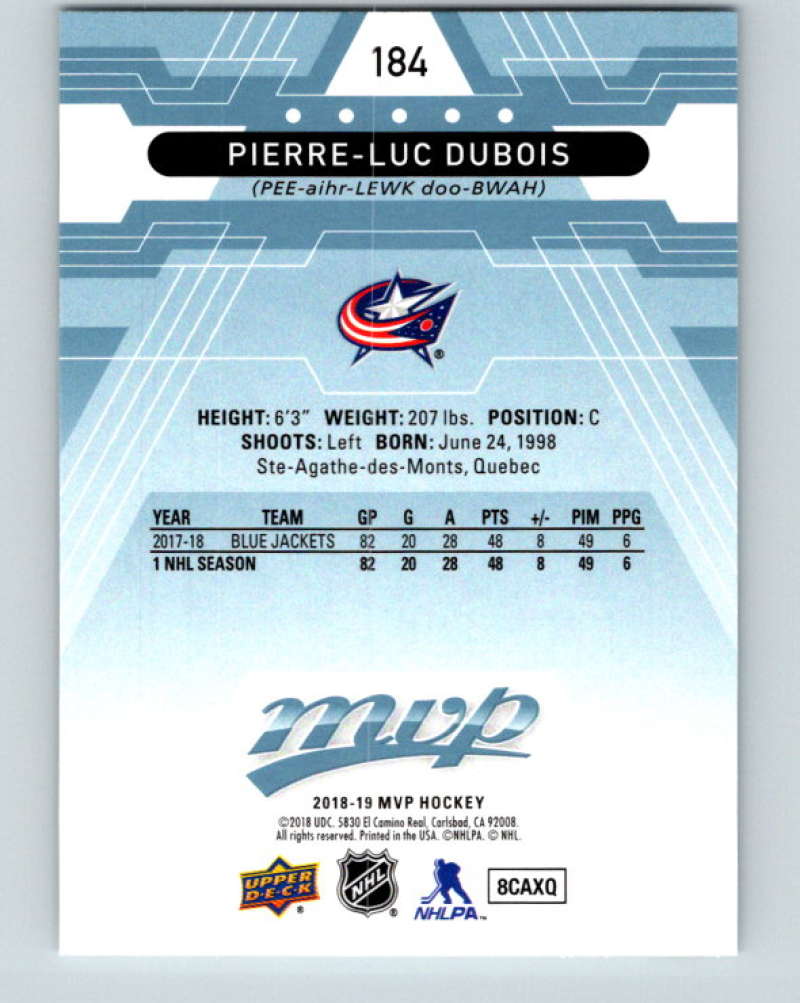 2018-19 Upper Deck MVP #184 Pierre-Luc Dubois Mint Columbus Blue Jackets Image 2