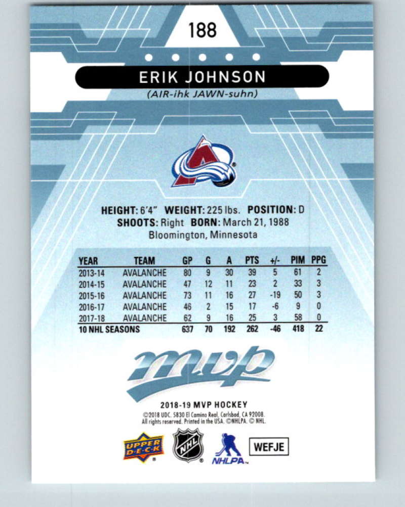 2018-19 Upper Deck MVP #188 Erik Johnson Mint Colorado Avalanche  Image 2