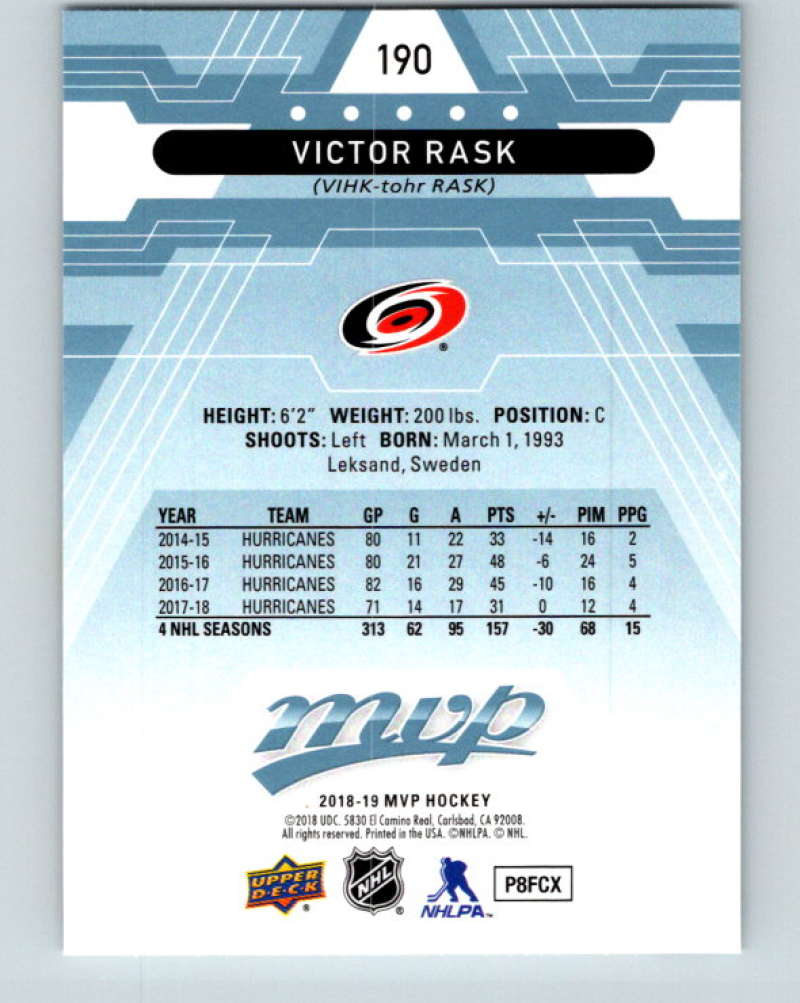 2018-19 Upper Deck MVP #190 Victor Rask Mint Carolina Hurricanes Image 2