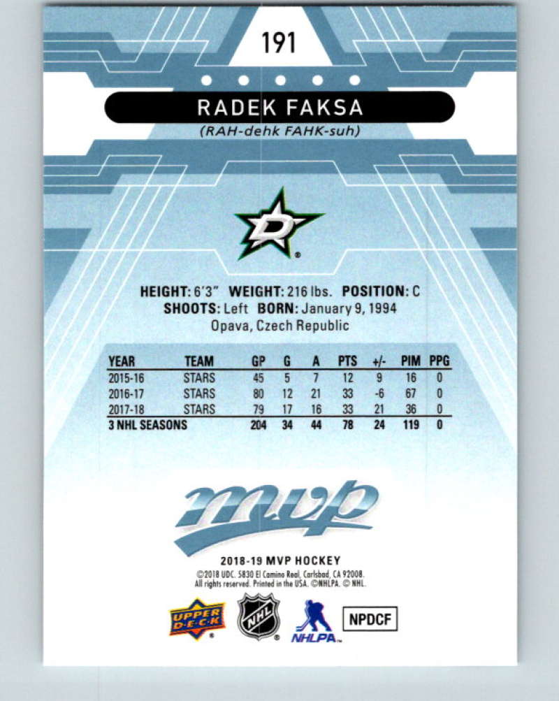 2018-19 Upper Deck MVP #191 Radek Faksa Mint Dallas Stars Image 2