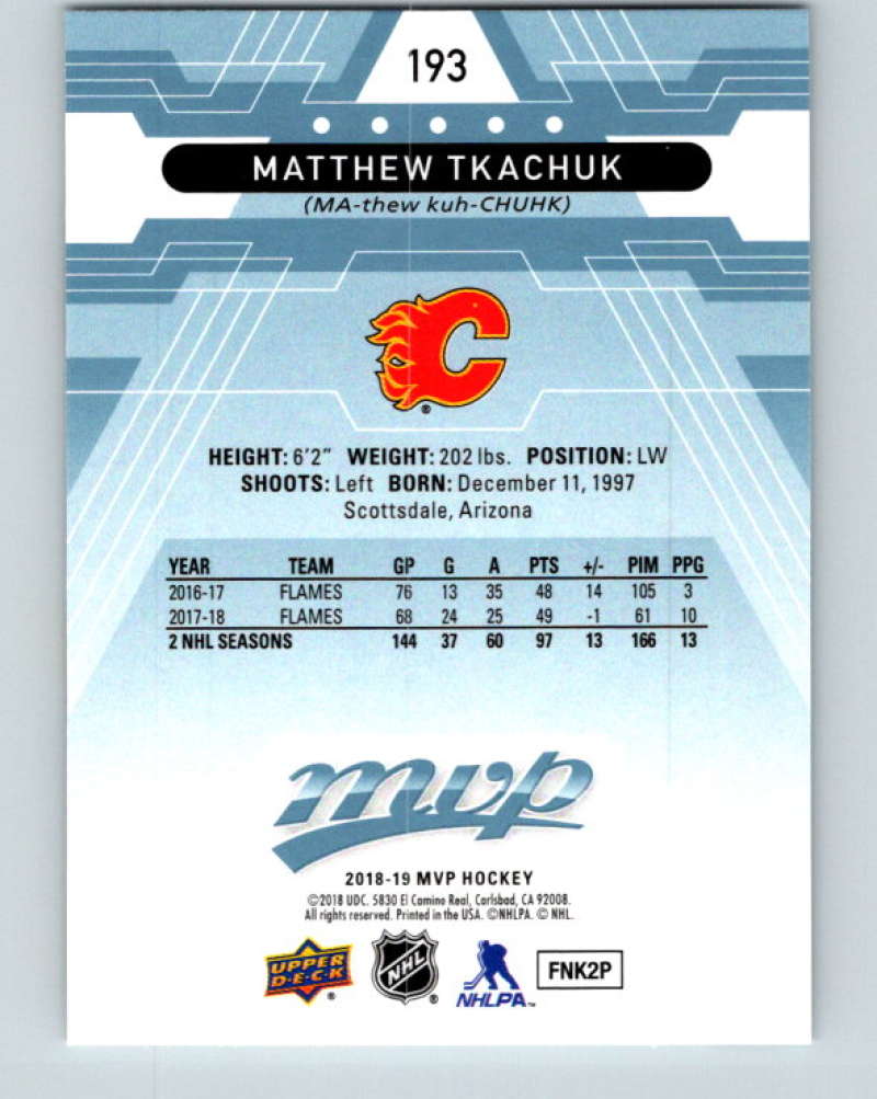 2018-19 Upper Deck MVP #193 Matthew Tkachuk Mint Calgary Flames Image 2