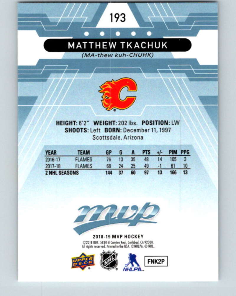 2018-19 Upper Deck MVP #193 Matthew Tkachuk Mint Calgary Flames  Image 2