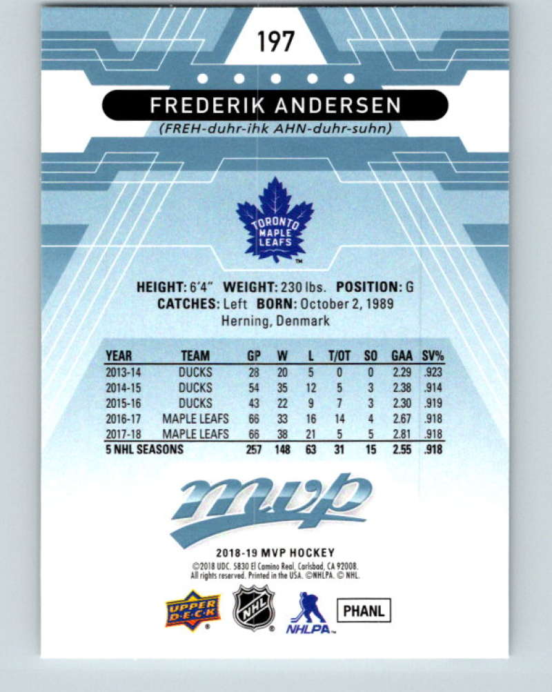 2018-19 Upper Deck MVP #197 Frederik Andersen Mint Toronto Maple Leafs