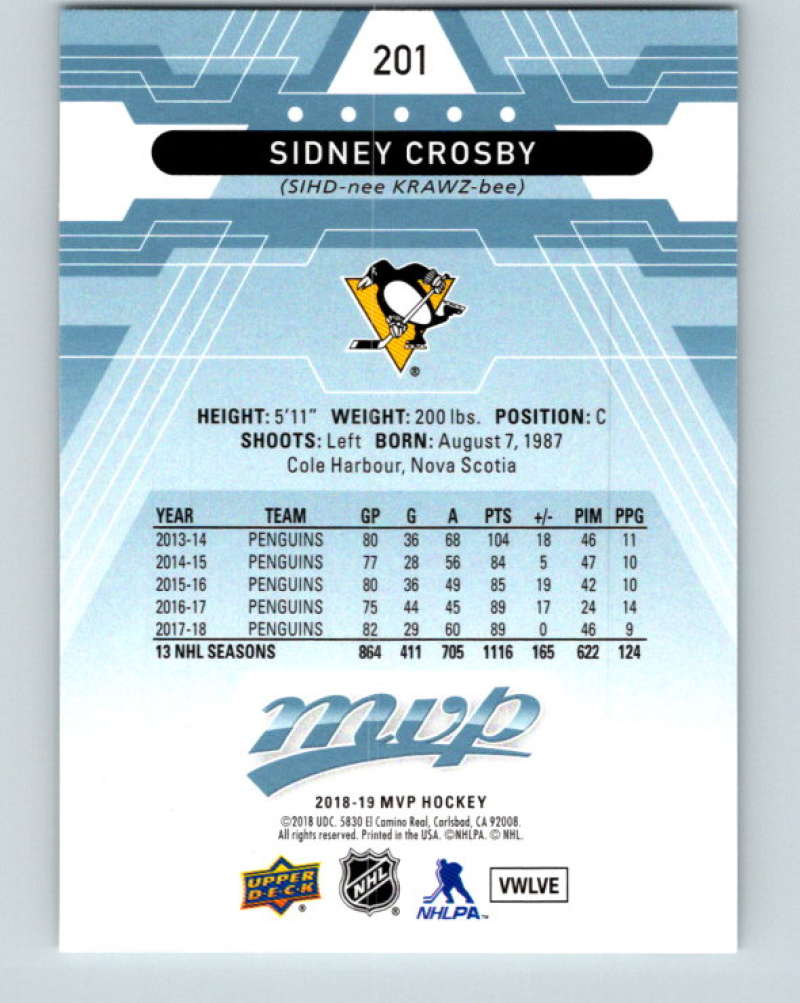 2018-19 Upper Deck MVP #201 Sidney Crosby Mint Pittsburgh Penguins Image 2