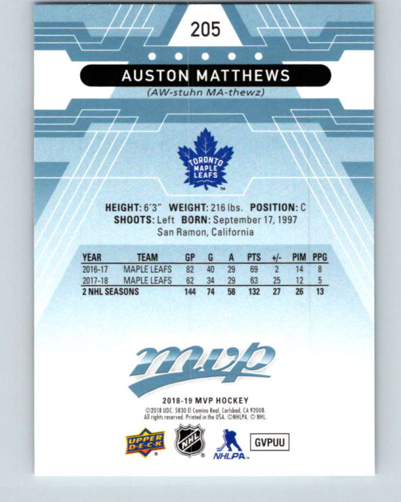 2018-19 Upper Deck MVP #205 Auston Matthews Mint Toronto Maple Leafs