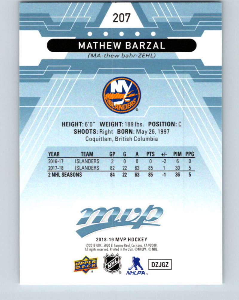 2018-19 Upper Deck MVP #207 Mathew Barzal Mint New York Islanders Image 2