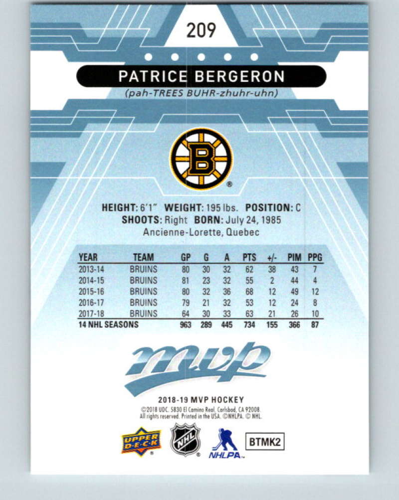 2018-19 Upper Deck MVP #209 Patrice Bergeron Mint Boston Bruins Image 2