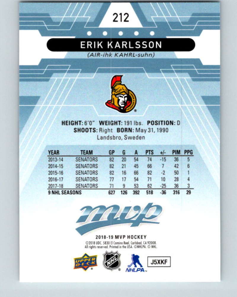 2018-19 Upper Deck MVP #212 Erik Karlsson Mint Ottawa Senators Image 2
