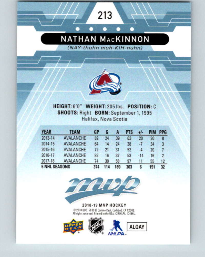 2018-19 Upper Deck MVP #213 Nathan MacKinnon Mint Colorado Avalanche Image 2
