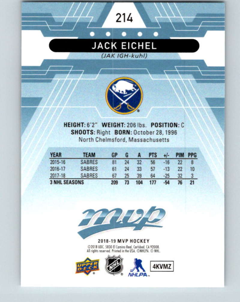 2018-19 Upper Deck MVP #214 Jack Eichel Mint Buffalo Sabres Image 2