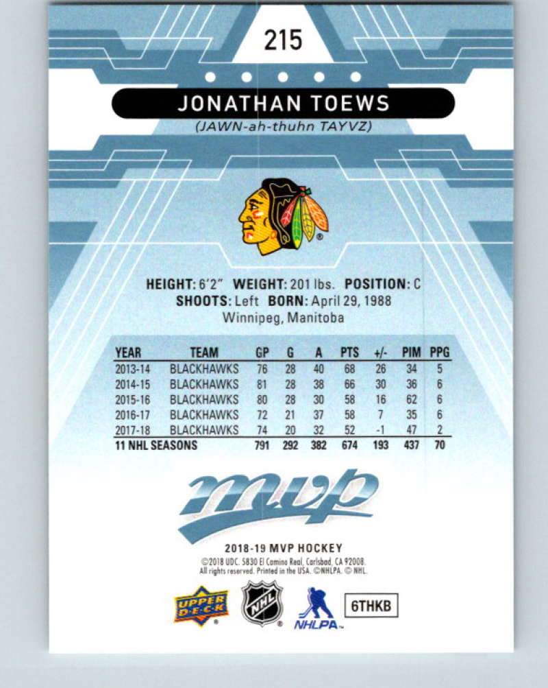 2018-19 Upper Deck MVP #215 Jonathan Toews Mint Chicago Blackhawks Image 2